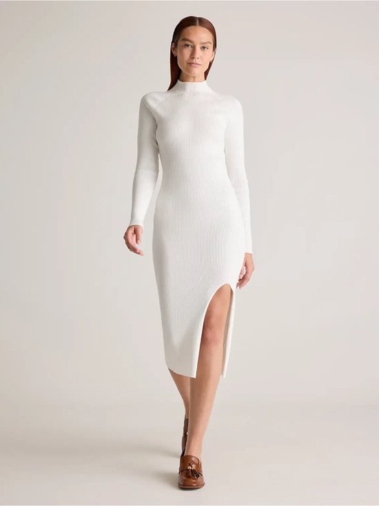Quince Dresses & Skirts - Quince Womens Eco-Knit Ribbed Mock Neck Sweater Dress Small Ivory Midi Slit